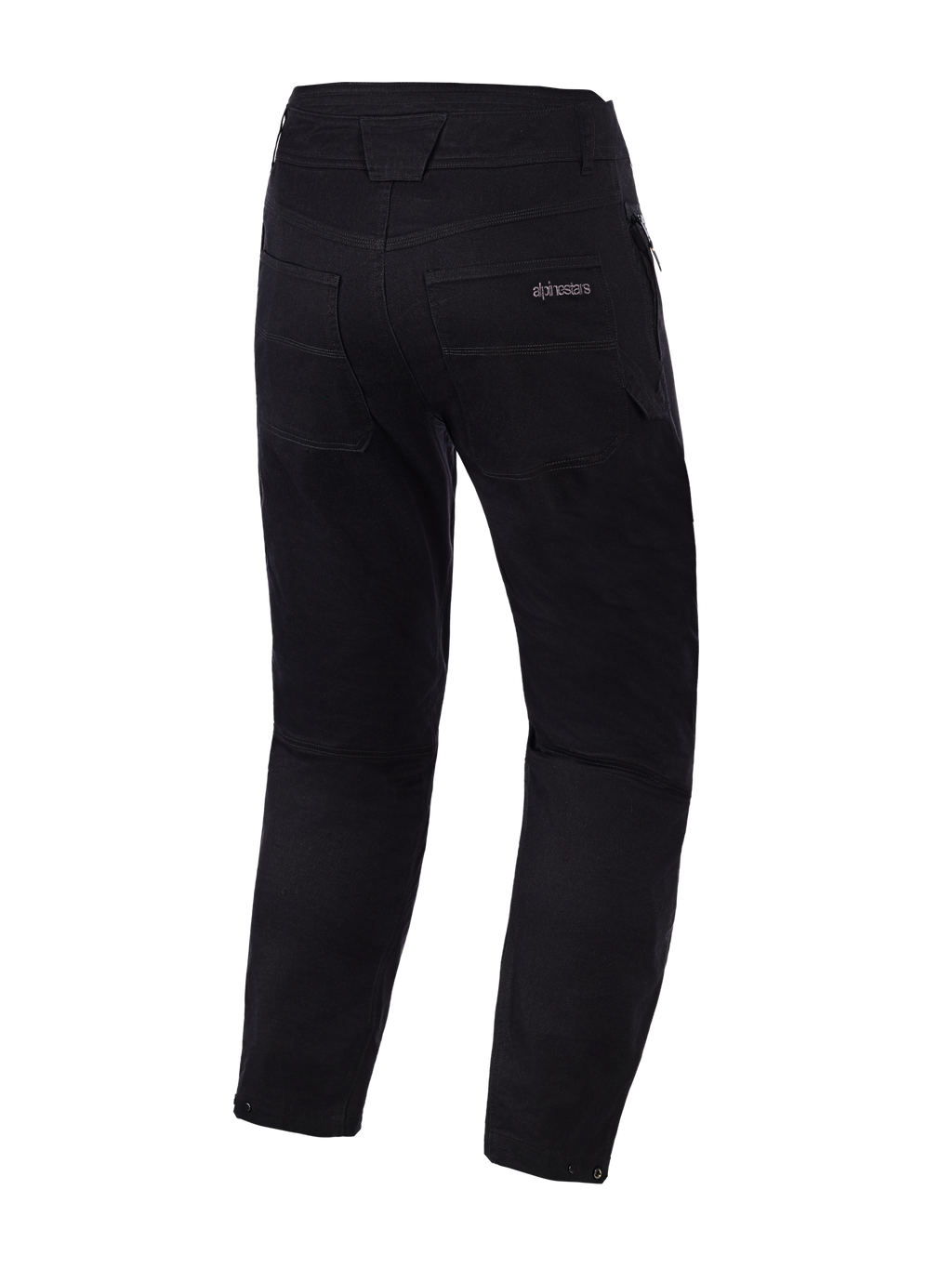 Pantaloni Alpinestars Flex-AST Canvas, nero, vista posteriore, pantaloni da moto in stile workwear heritage con logo Alpinestars sulla tasca posteriore, impunture decorative a contrasto e chiusure con bottoni a pressione regolabili sul fondo gamba