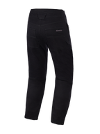 Pantaloni Alpinestars Flex-AST Canvas, nero, vista posteriore, pantaloni da moto in stile workwear heritage con logo Alpinestars sulla tasca posteriore, impunture decorative a contrasto e chiusure con bottoni a pressione regolabili sul fondo gamba