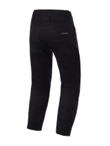 Alpinestars Flex-AST Canvas Pants, Black, back view, heritage workwear style motorcycle pants with Alpinestars logo on the back pocket, contrast decorative topstitching, and adjustable snap closures at the leg hems