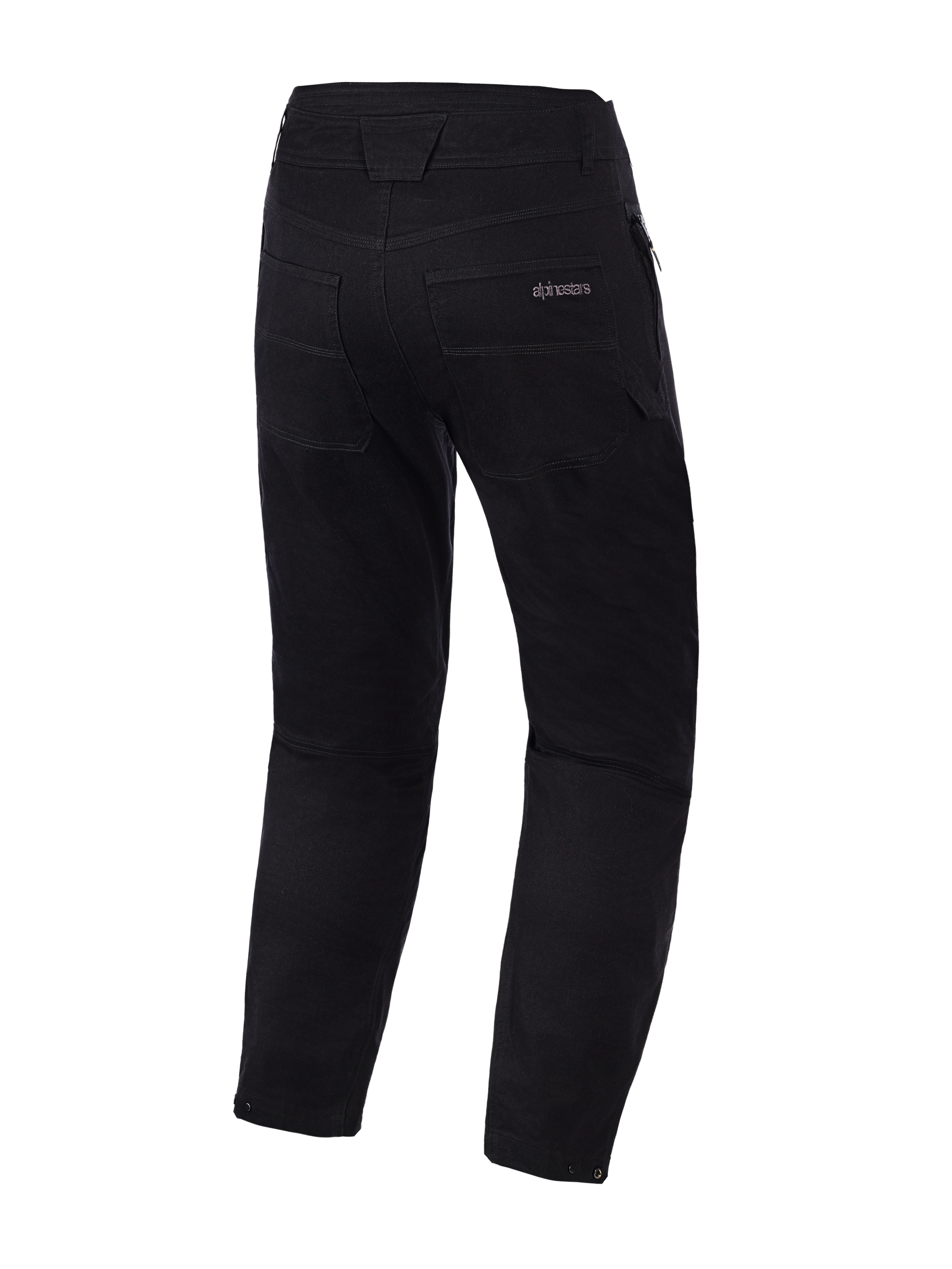 Pantaloni Alpinestars Flex-AST Canvas, nero, vista posteriore, pantaloni da moto in stile workwear heritage con logo Alpinestars sulla tasca posteriore, impunture decorative a contrasto e chiusure con bottoni a pressione regolabili sul fondo gamba