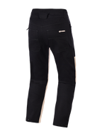 Pantaloni Alpinestars Flex-AST Canvas, vista posteriore, Black Aluminum, in twill di policotone nero con accenti sabbia chiaro sull'interno gamba, doppie tasche posteriori con marchio Alpinestars e bottoni a pressione per la regolazione sul fondo gamba, pantaloni da moto urbani dal design ispirato al workwear.