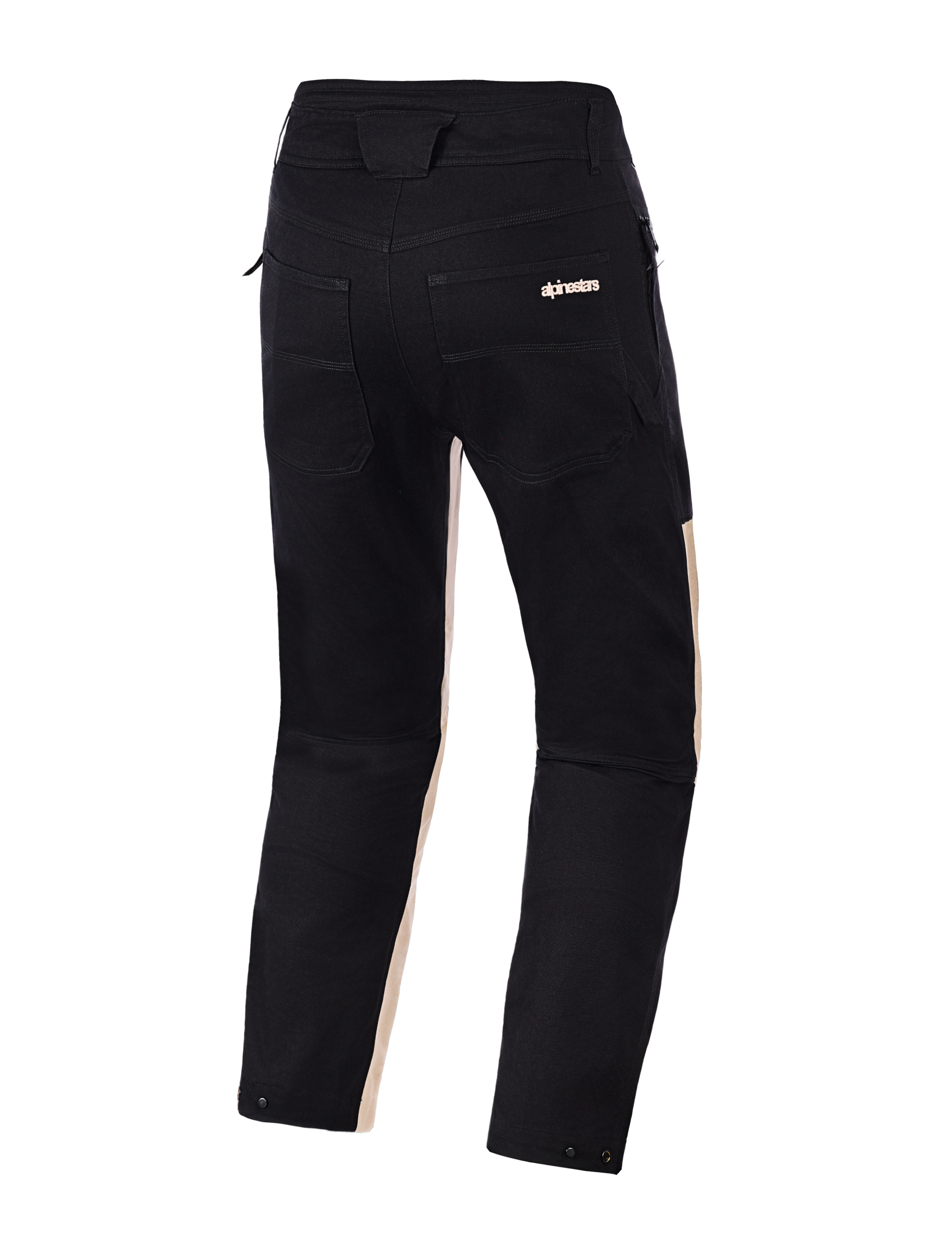 Pantaloni Alpinestars Flex-AST Canvas, vista posteriore, Black Aluminum, in twill di policotone nero con accenti sabbia chiaro sull'interno gamba, doppie tasche posteriori con marchio Alpinestars e bottoni a pressione per la regolazione sul fondo gamba, pantaloni da moto urbani dal design ispirato al workwear.