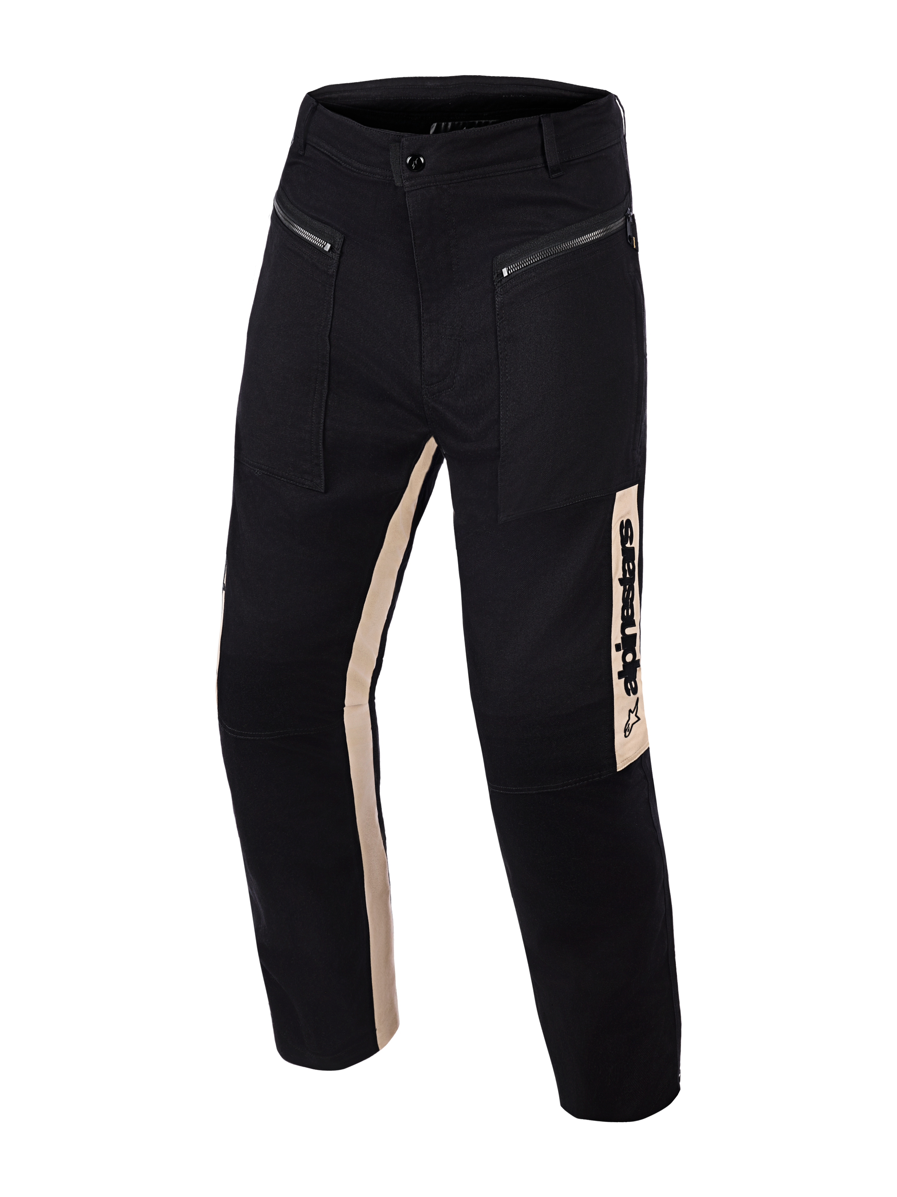 Pantaloni Alpinestars Flex-AST Canvas, Black Aluminum, pantaloni da moto urban con design di ispirazione workwear, caratterizzati da pannelli laterali verticali color sabbia con logo Alpinestars, tasche anteriori con zip in metallo e ginocchia ergonomiche preformate.