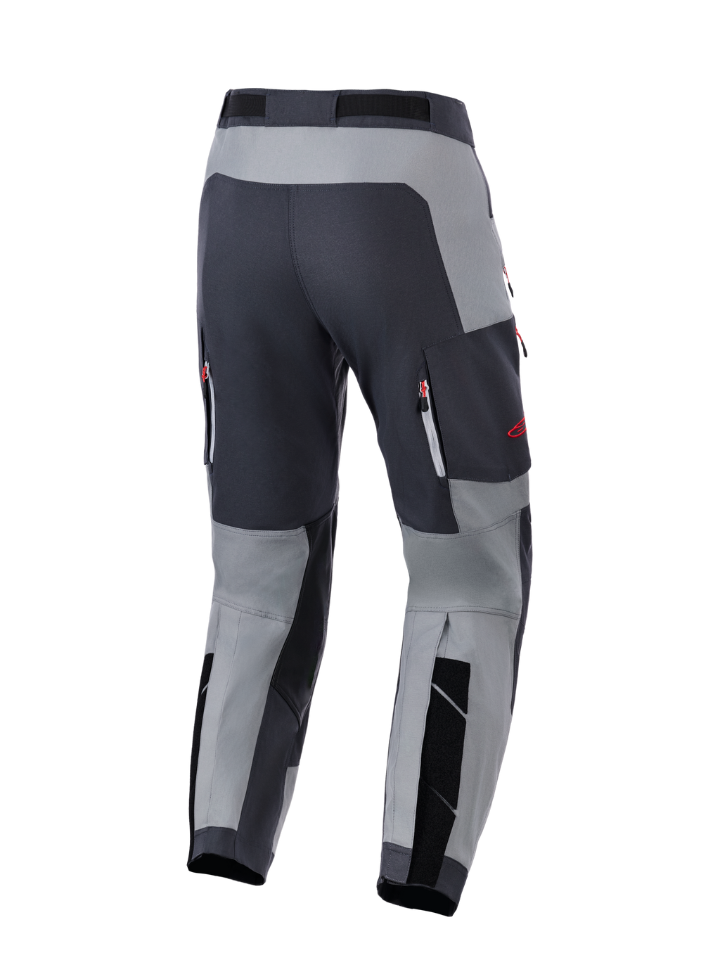Alpinestars Maxdura Dual Pants, pantaloni da moto adventure, grigio scuro e grigio fumo, vista posteriore con seduta rinforzata e tasche di ventilazione con zip e dettagli rossi, progettati per prestazioni dual-sport