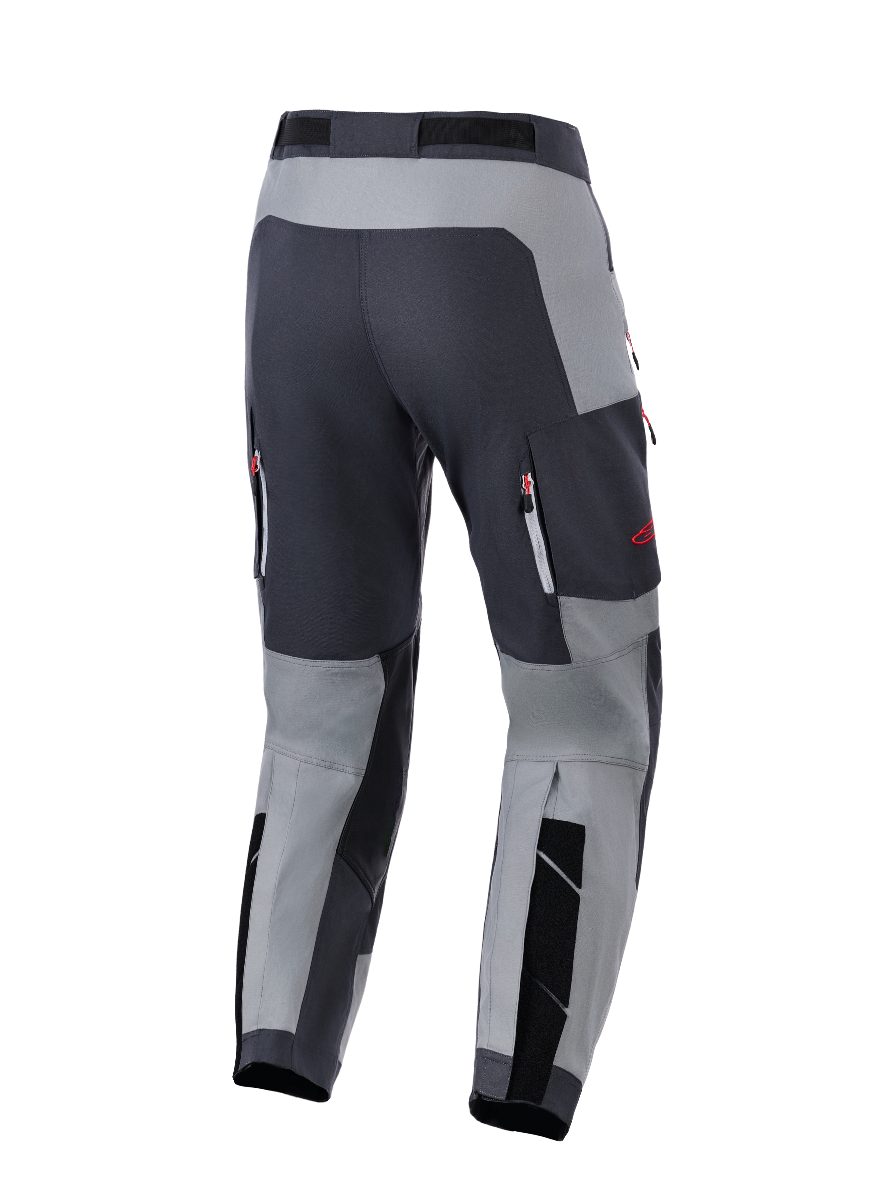 Alpinestars Maxdura Dual Pants, pantaloni da moto adventure, grigio scuro e grigio fumo, vista posteriore con seduta rinforzata e tasche di ventilazione con zip e dettagli rossi, progettati per prestazioni dual-sport
