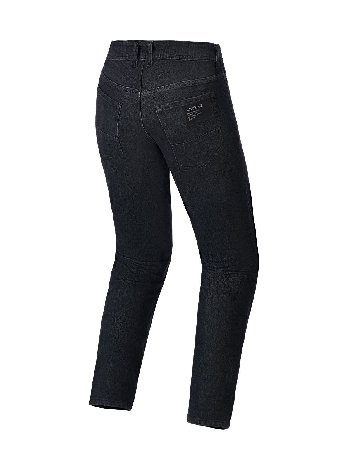 Alpinestars Flex-AST 5 Denim Pants, jeans da moto, nero lavato, vista posteriore con tasche posteriori e patch del logo Alpinestars, costruzione in denim elasticizzato monostrato con vestibilità regular tapered