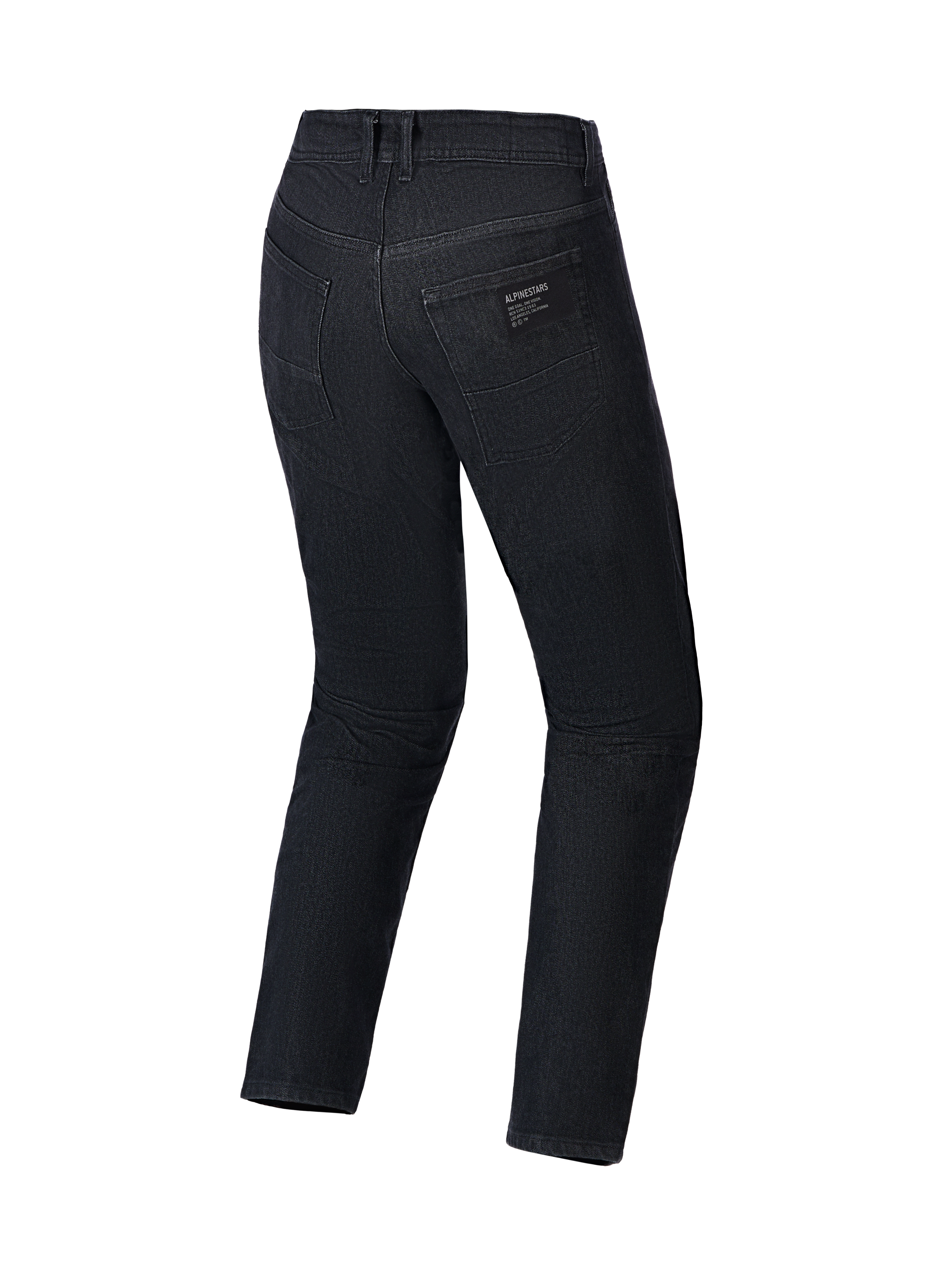 Alpinestars Flex-AST 5 Denim Pants, jeans da moto, nero lavato, vista posteriore con tasche posteriori e patch del logo Alpinestars, costruzione in denim elasticizzato monostrato con vestibilità regular tapered
