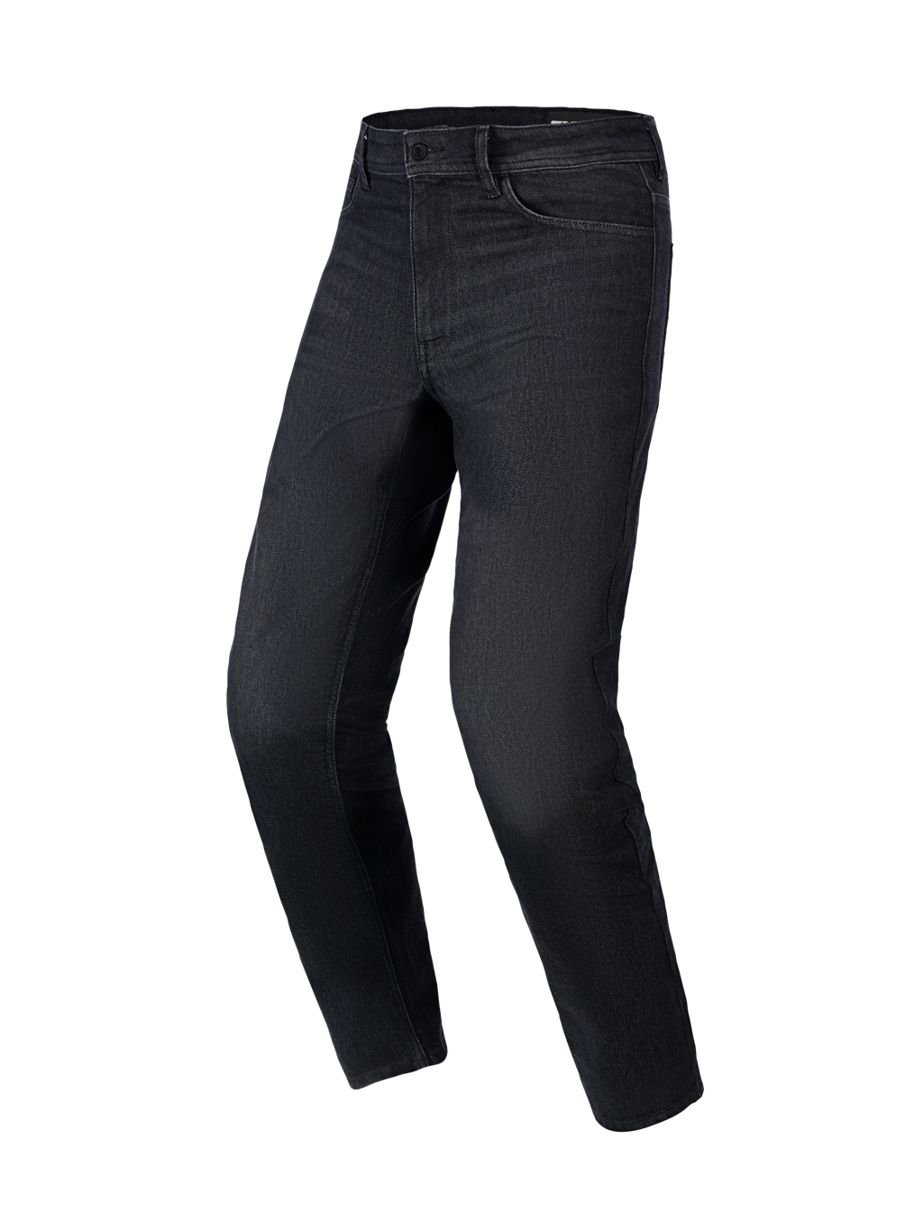 Pantaloni Alpinestars Flex-AST 5 Denim in Black Washed, jeans da moto urbani con vestibilità affusolata, costruzione in denim elasticizzato monostrato e classico design a cinque tasche, vista frontale a tre quarti