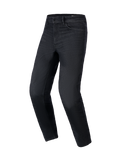 Pantaloni Alpinestars Flex-AST 5 Denim in Black Washed, jeans da moto urbani con vestibilità affusolata, costruzione in denim elasticizzato monostrato e classico design a cinque tasche, vista frontale a tre quarti