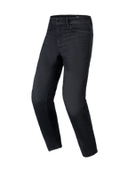 Pantaloni Alpinestars Flex-AST 5 Denim in Black Washed, jeans da moto urbani con vestibilità affusolata, costruzione in denim elasticizzato monostrato e classico design a cinque tasche, vista frontale a tre quarti