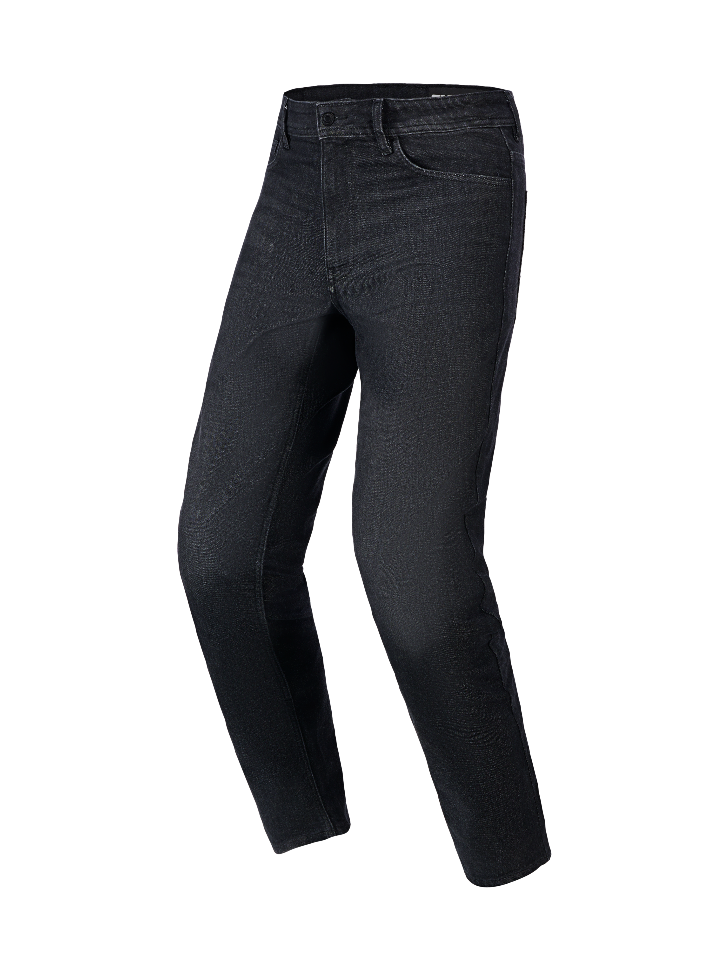 Pantaloni Alpinestars Flex-AST 5 Denim in Black Washed, jeans da moto urbani con vestibilità affusolata, costruzione in denim elasticizzato monostrato e classico design a cinque tasche, vista frontale a tre quarti