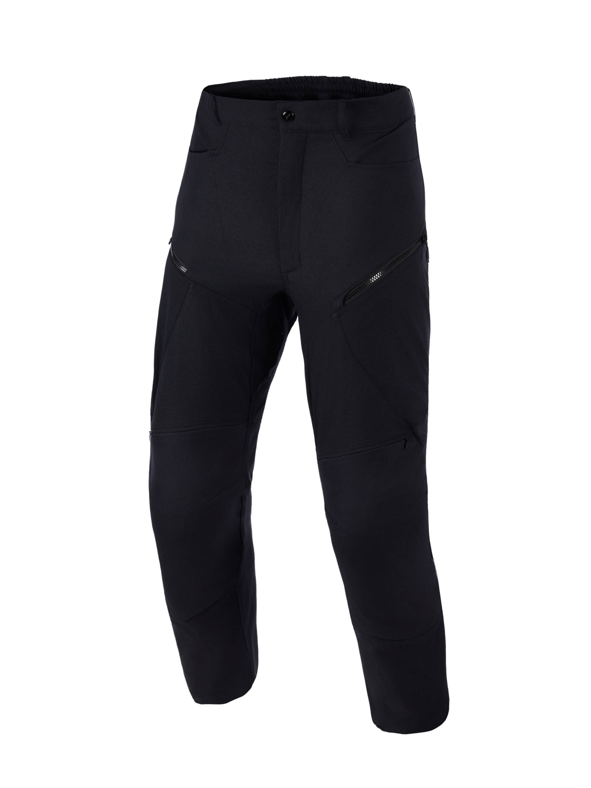 Alpinestars Explore AST Pants Short, pantaloni da moto adventure, nero, vista frontale, costruzione in ripstop tecnico elasticizzato, tasche cargo diagonali con zip, design ergonomico per la guida in climi caldi