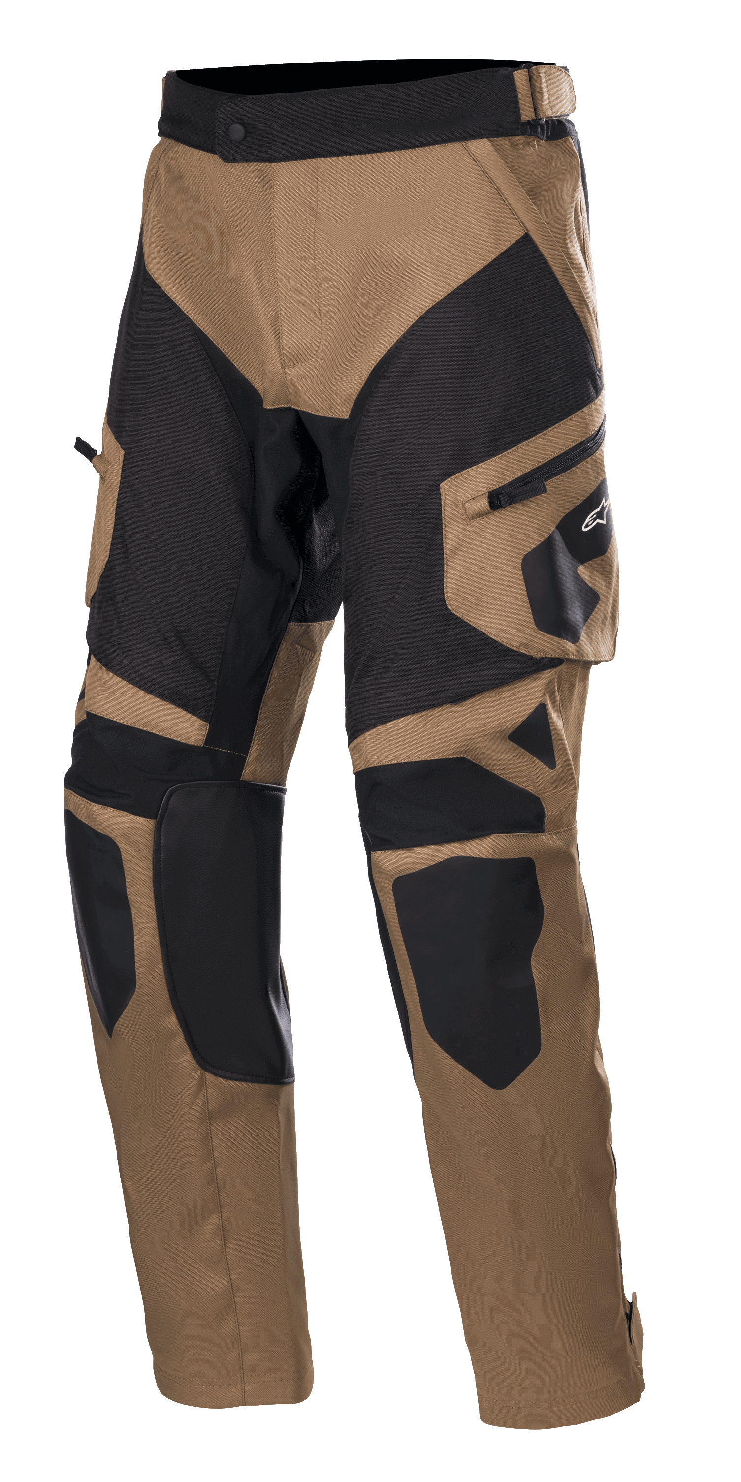Alpinestars Venture XT Pants Over Boot, pantaloni da moto adventure touring, marrone e nero, con pannelli rinforzati su ginocchia e cosce, tasca cargo laterale con logo Alpinestars e cinturino in vita regolabile.