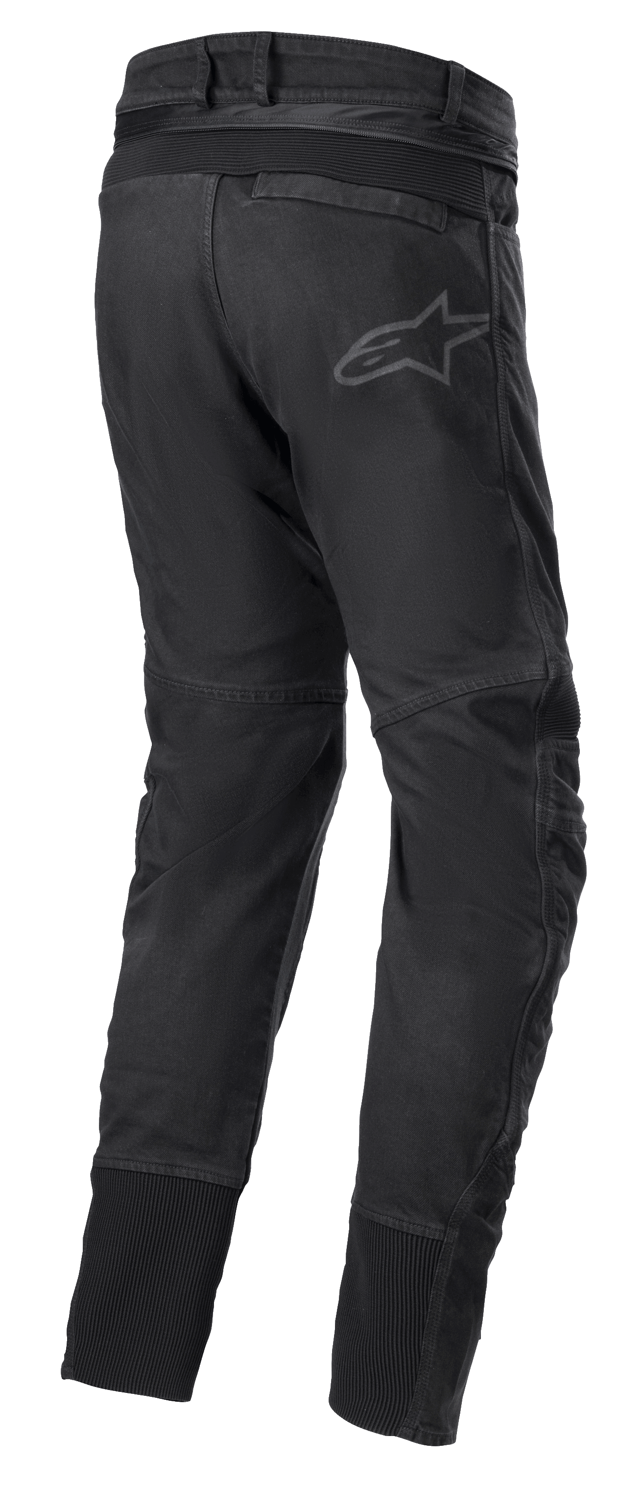 Pantaloni Alpinestars SP Pro, pantaloni tecnici sportivi da moto neri, vista posteriore con cerniera di connessione in vita, inserti elasticizzati RIDEKNIT sul carré posteriore e sui polpacci, logo discreto.
