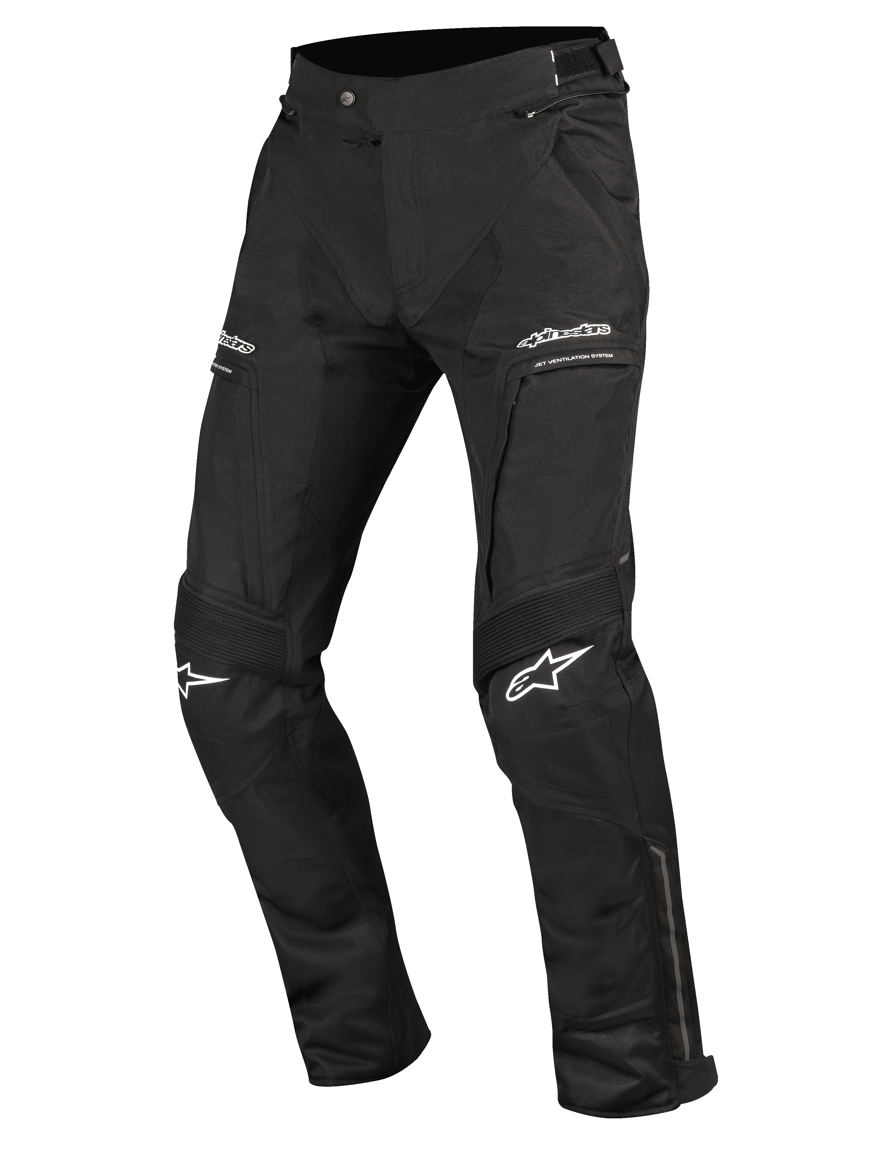 Alpinestars Ramjet Air Pants, pantaloni da moto, neri, con pannelli di ventilazione in mesh, inserti elasticizzati a soffietto sulle ginocchia, loghi bianchi sulle cosce e sulle ginocchia, tasche con cerniera e resistente struttura in tessuto multi-pannello per il touring su strada
