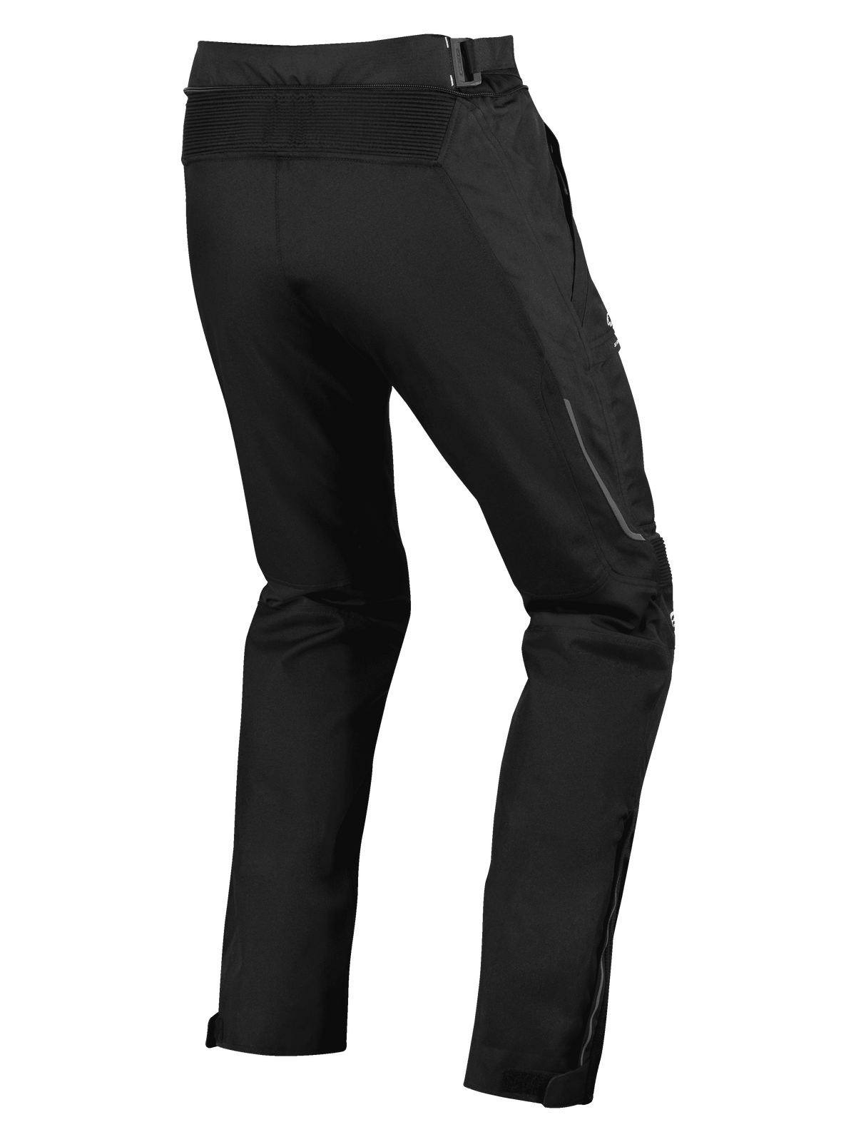 Alpinestars Ramjet Air Pants, pantaloni da moto, nero, vista posteriore con pannello a soffietto elasticizzato in vita, costruzione tessile multi-pannello e soffietti con zip sulle gambe per una vestibilità sicura.