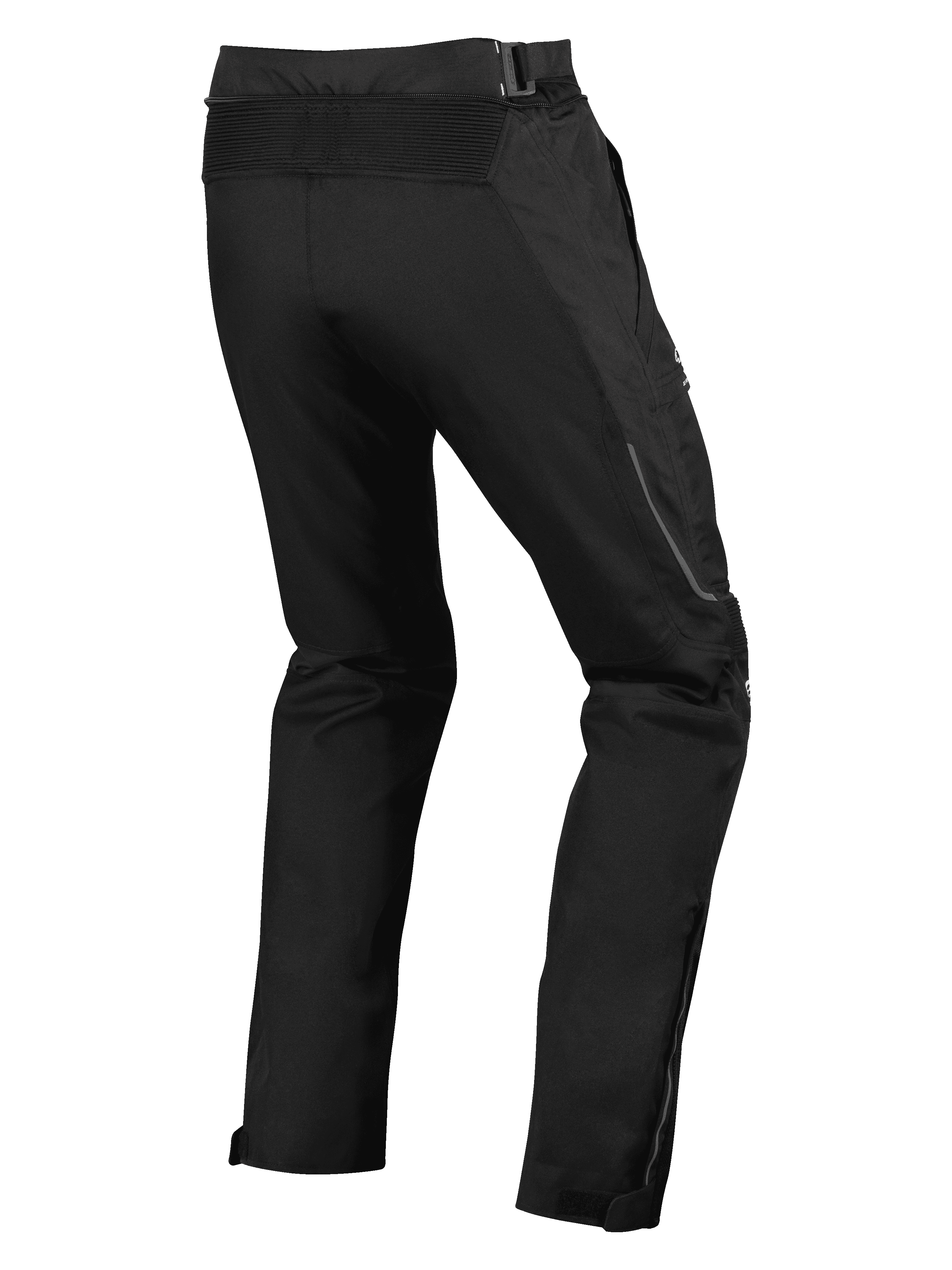 Alpinestars Ramjet Air Pants, pantaloni da moto, nero, vista posteriore con pannello a soffietto elasticizzato in vita, costruzione tessile multi-pannello e soffietti con zip sulle gambe per una vestibilità sicura.