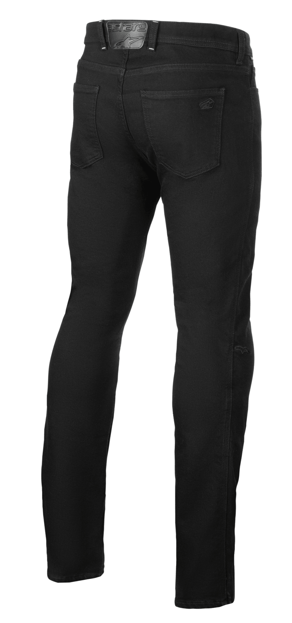 Alpinestars Cult-8 Stretch Denim Pants, Black Rinse, vista posteriore di jeans da moto, vestibilità regular a gamba dritta, con tasche posteriori e patch logo in pelle goffrata sul girovita, stile casual urbano.
