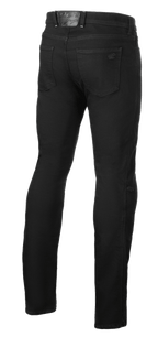 Alpinestars Cult-8 Stretch Denim Pants, Black Rinse, vista posteriore di jeans da moto, vestibilità regular a gamba dritta, con tasche posteriori e patch logo in pelle goffrata sul girovita, stile casual urbano.