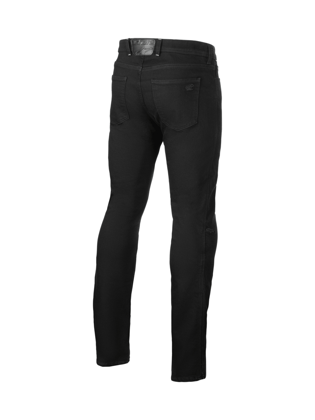 Alpinestars pantaloni jeans stretch Cult-8, jeans moto urban da uomo neri, vista posteriore con protezioni ginocchia CE.