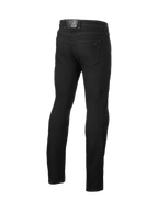 Alpinestars pantaloni jeans stretch Cult-8, jeans moto urban da uomo neri, vista posteriore con protezioni ginocchia CE.