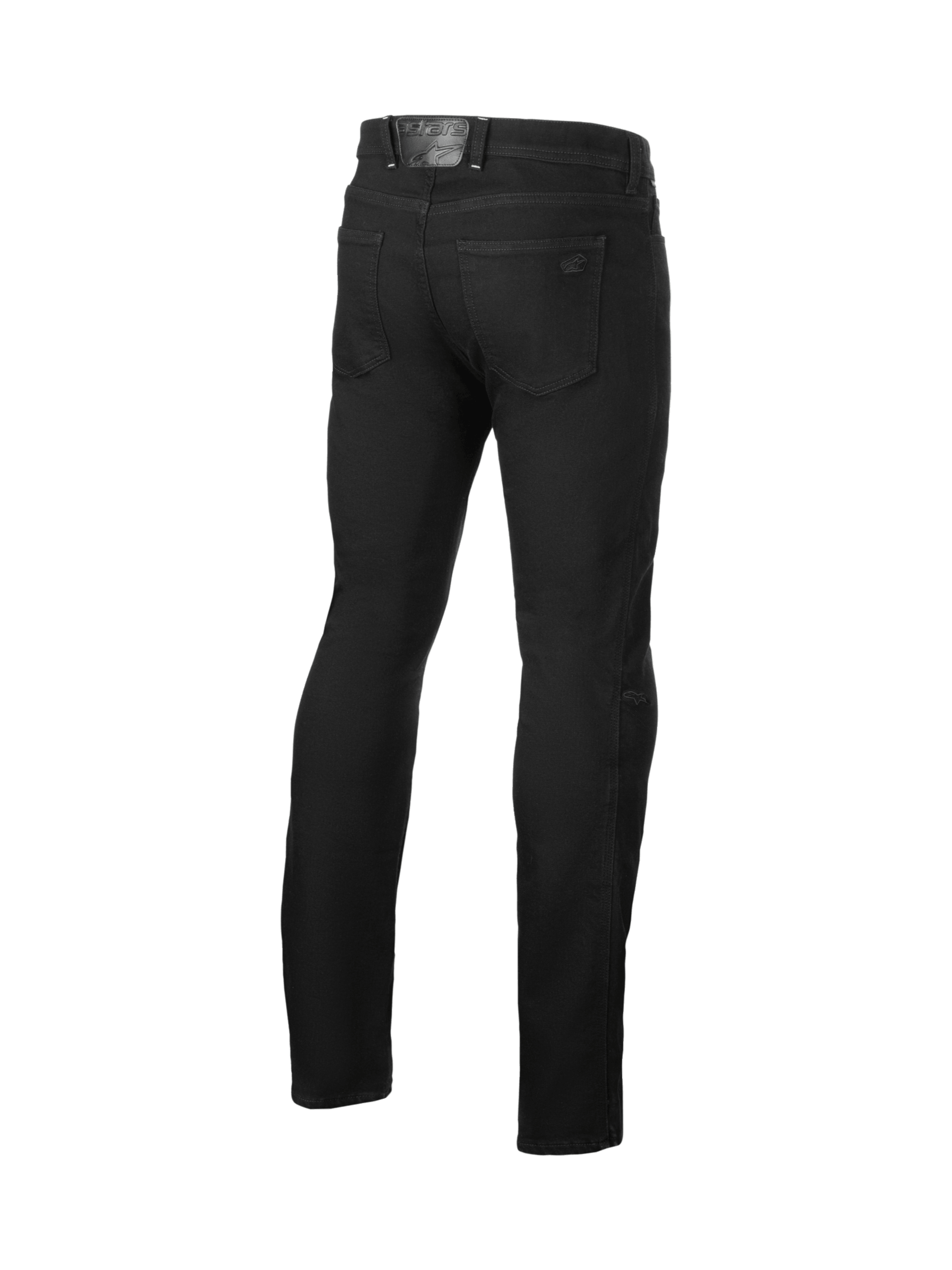 Alpinestars pantaloni jeans stretch Cult-8, jeans moto urban da uomo neri, vista posteriore con protezioni ginocchia CE.