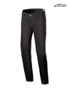 Alpinestars Pantaloni Jeans Stretch Cult-8, pantaloni da moto urban da uomo, colore nero, vista frontale con struttura in denim stretch e protezioni certificate CE
