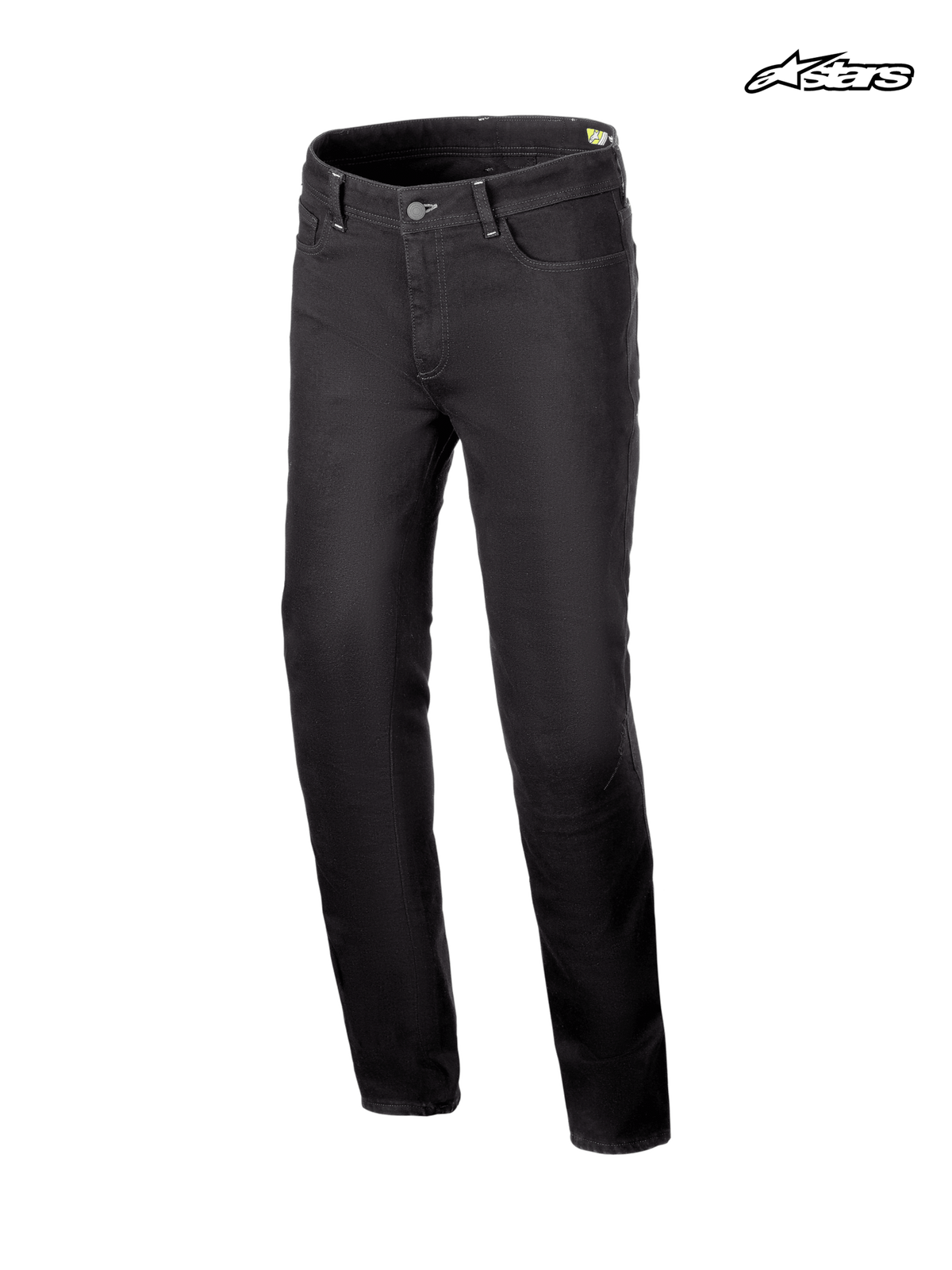 Alpinestars Pantaloni Jeans Stretch Cult-8, pantaloni da moto urban da uomo, colore nero, vista frontale con struttura in denim stretch e protezioni certificate CE