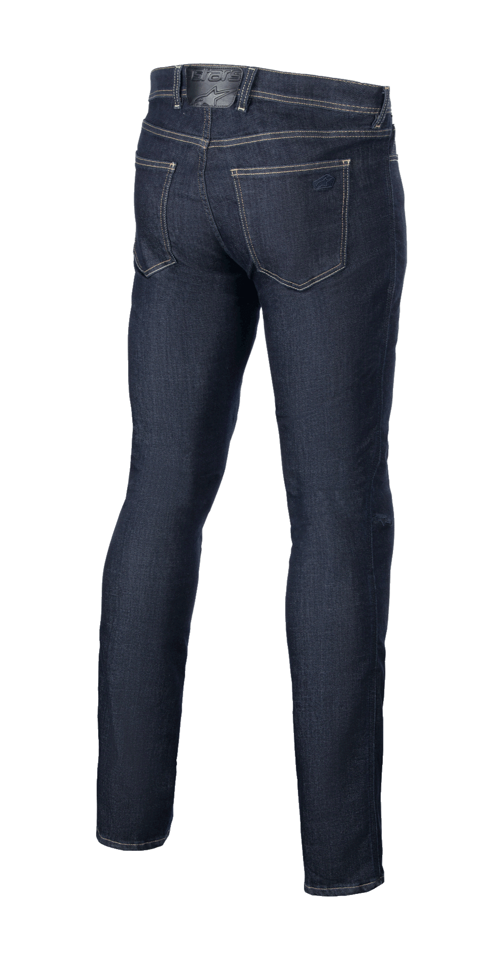 Pantaloni in denim stretch Alpinestars Cult-8, Rinse Blue, vista posteriore, design a cinque tasche con ricamo del logo tono su tono sulla tasca posteriore, vestibilità regular rilassata con gamba dritta, jeans protettivi da moto.