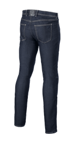 Pantaloni in denim stretch Alpinestars Cult-8, Rinse Blue, vista posteriore, design a cinque tasche con ricamo del logo tono su tono sulla tasca posteriore, vestibilità regular rilassata con gamba dritta, jeans protettivi da moto.