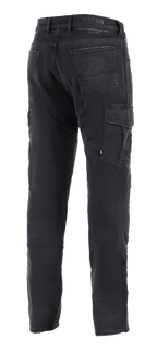 Alpinestars Barton Riding Cargo Pants, pantaloni da moto neri, vista posteriore con tasca cargo laterale, tasche posteriori con dettaglio logo a spirale, marchio Oscar by Alpinestars sulla fascia in vita, tessuto a maglia in stile denim casual.
