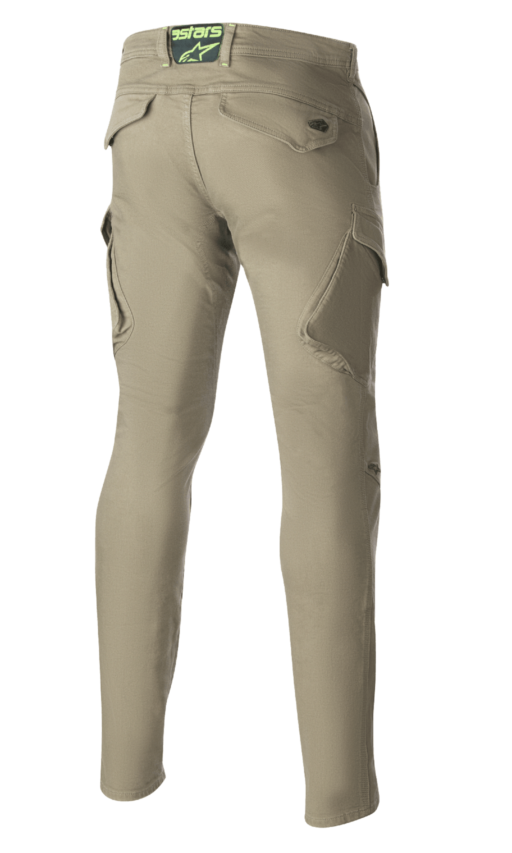 Pantaloni Alpinestars Caliber Slim Fit Tech Riding, Verde Militare, vista posteriore con tasche cargo inclinate e silhouette slim affusolata, logo Astars sulla fascia in vita posteriore, pantaloni da moto resistenti in stile urban combat