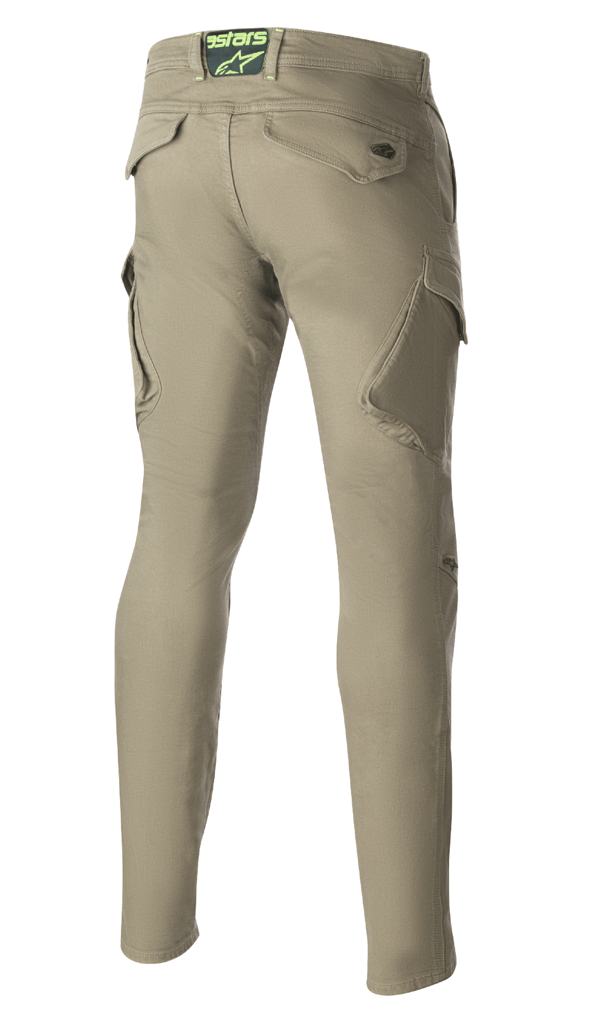 Pantaloni Alpinestars Caliber Slim Fit Tech Riding, Verde Militare, vista posteriore con tasche cargo inclinate e silhouette slim affusolata, logo Astars sulla fascia in vita posteriore, pantaloni da moto resistenti in stile urban combat