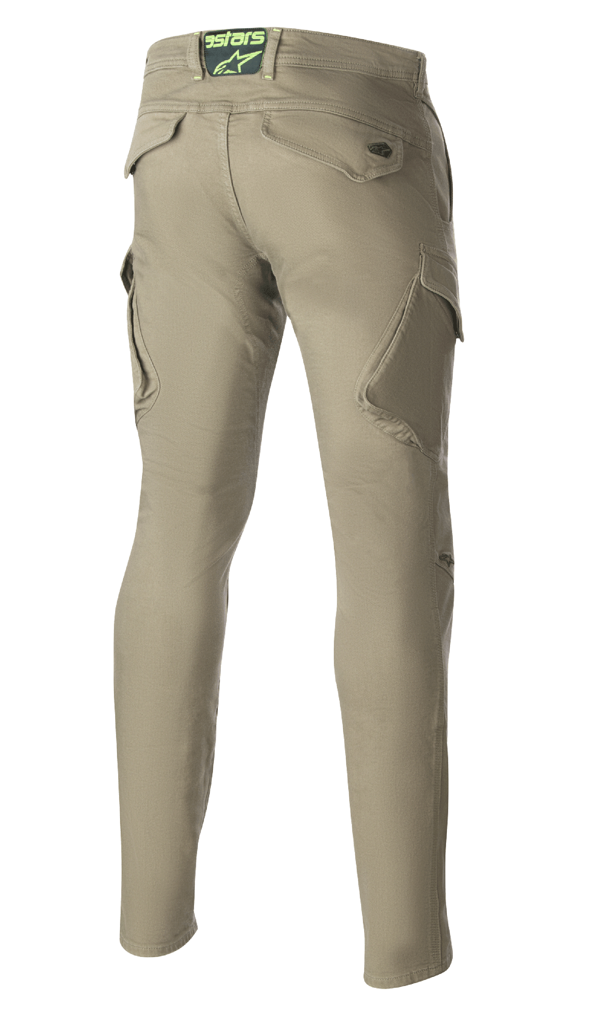Pantaloni Alpinestars Caliber Slim Fit Tech Riding, Verde Militare, vista posteriore con tasche cargo inclinate e silhouette slim affusolata, logo Astars sulla fascia in vita posteriore, pantaloni da moto resistenti in stile urban combat
