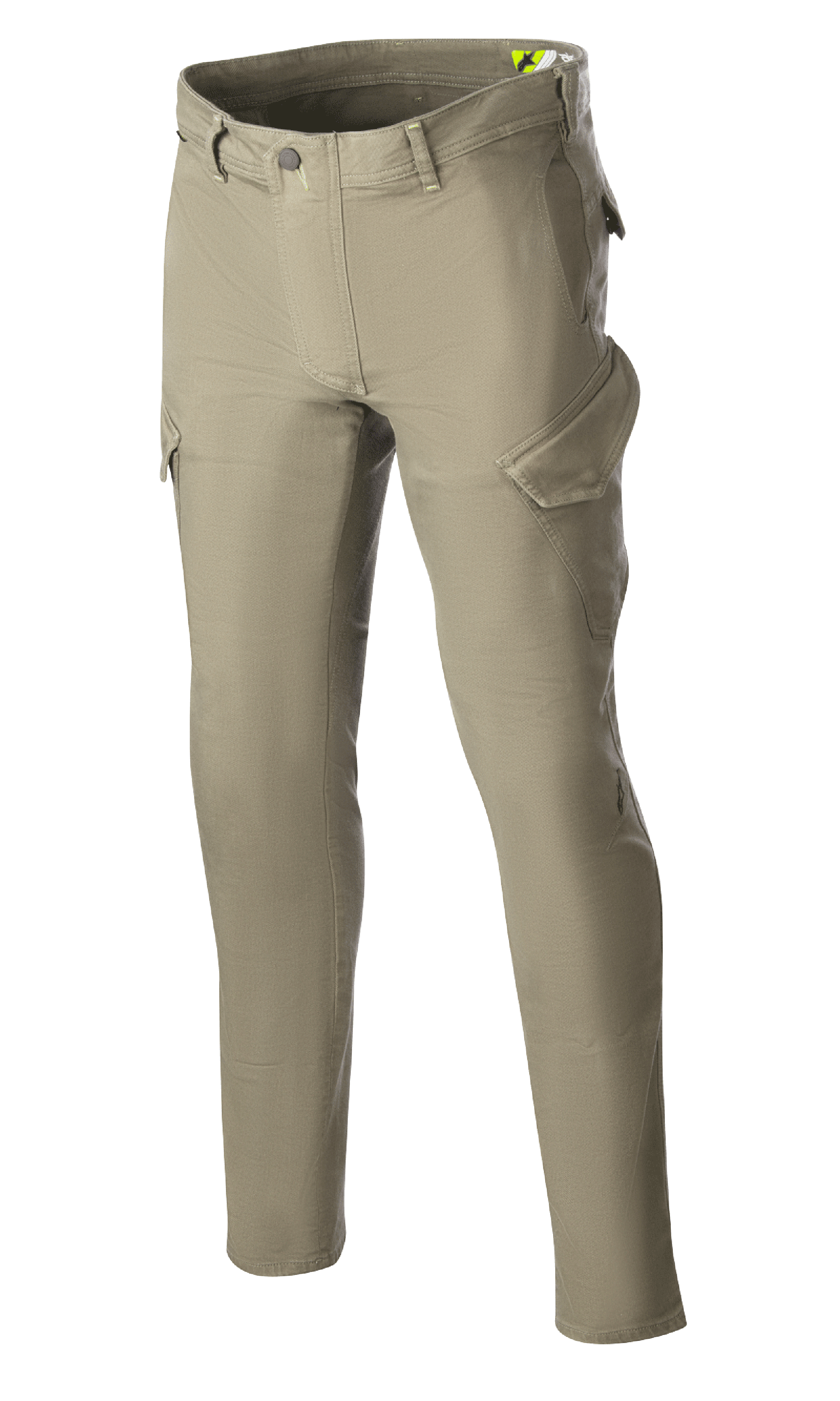 Alpinestars Caliber Slim Fit Tech Riding Pants, pantaloni da moto, verde militare, silhouette slim-fit con tasche cargo stile combat, tessuto denim Cordura stretch, passanti per cintura e design funzionale per la guida urbana e su strada