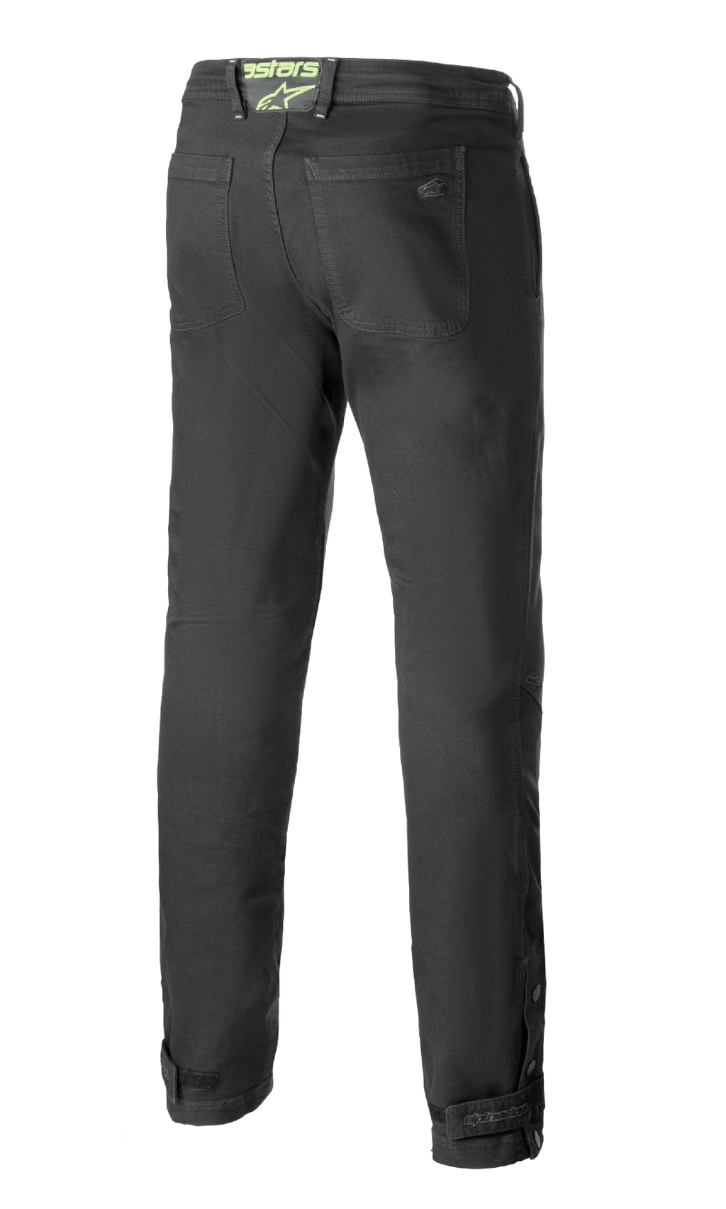 Alpinestars Stratos Regular Fit Tech Riding Pants, pantaloni da moto, Grigio Antracite, vista posteriore con vestibilità affusolata, tasche posteriori, logo Alpinestars verde neon sul girovita e chiusure regolabili sui polpacci