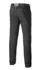 Alpinestars Stratos Regular Fit Tech Riding Pants, pantaloni da moto, Grigio Antracite, vista posteriore con vestibilità affusolata, tasche posteriori, logo Alpinestars verde neon sul girovita e chiusure regolabili sui polpacci