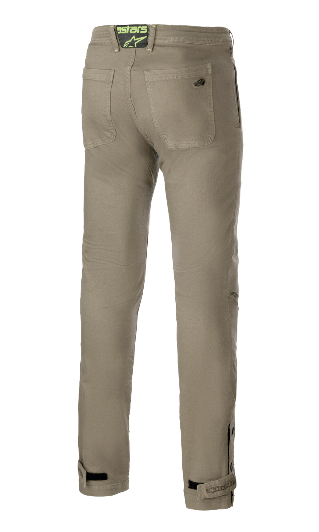 Alpinestars Stratos Regular Fit Tech Riding Pants, verde militare, vista posteriore con due tasche posteriori e patch con logo verde neon in vita, gambe affusolate con cinturini regolabili alle caviglie, pantaloni da moto casual in stile street