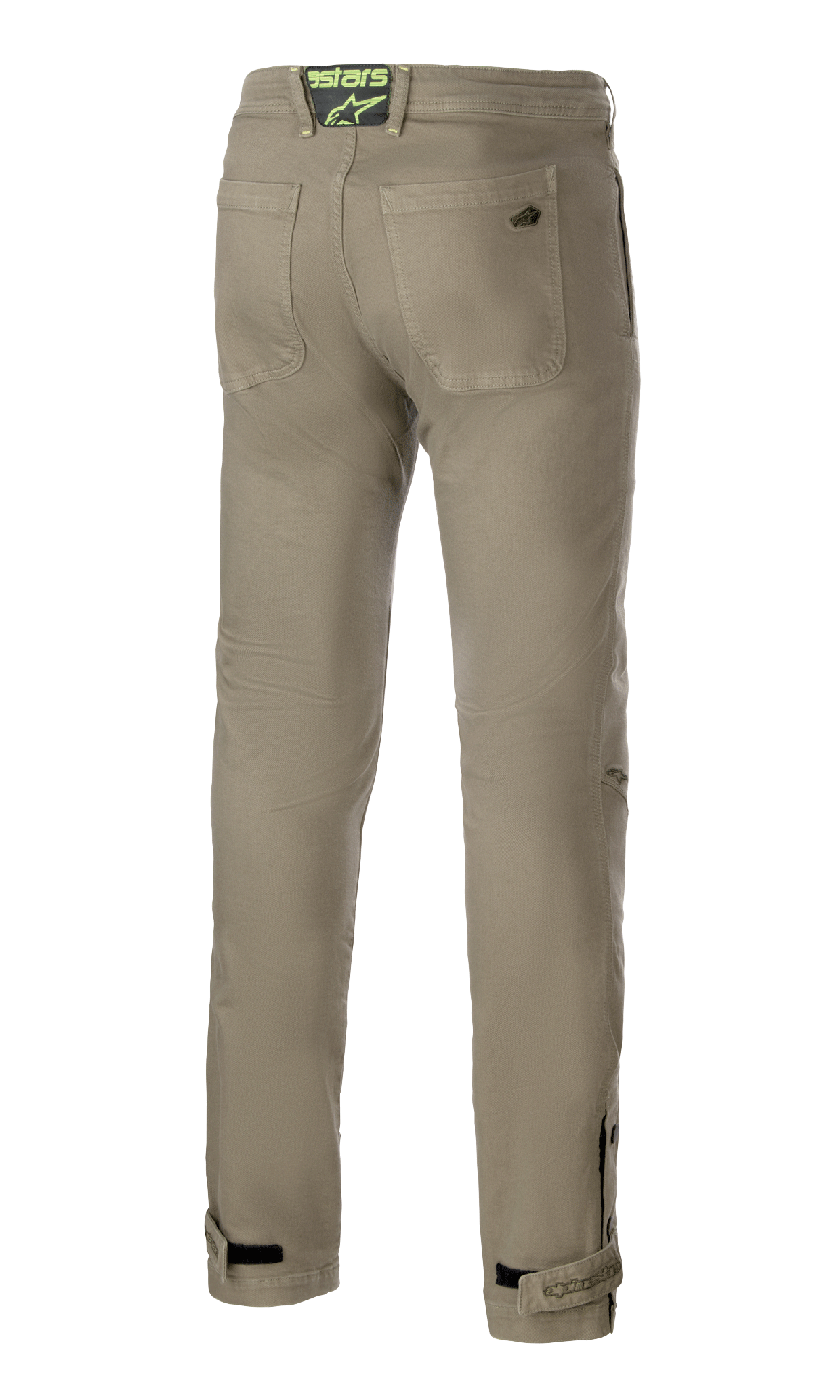 Alpinestars Stratos Regular Fit Tech Riding Pants, verde militare, vista posteriore con due tasche posteriori e patch con logo verde neon in vita, gambe affusolate con cinturini regolabili alle caviglie, pantaloni da moto casual in stile street