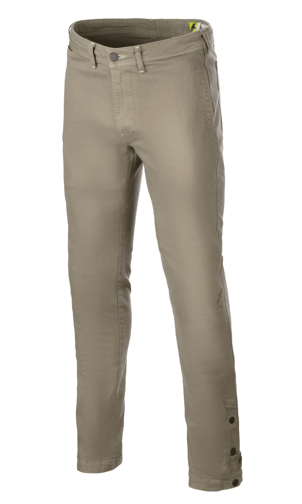Alpinestars Stratos Regular Fit Tech Riding Pants, pantaloni tecnici da moto verde militare, caratterizzati da un design affusolato, chiusura con bottone e zip, passanti per cintura e bottoni regolabili alla caviglia