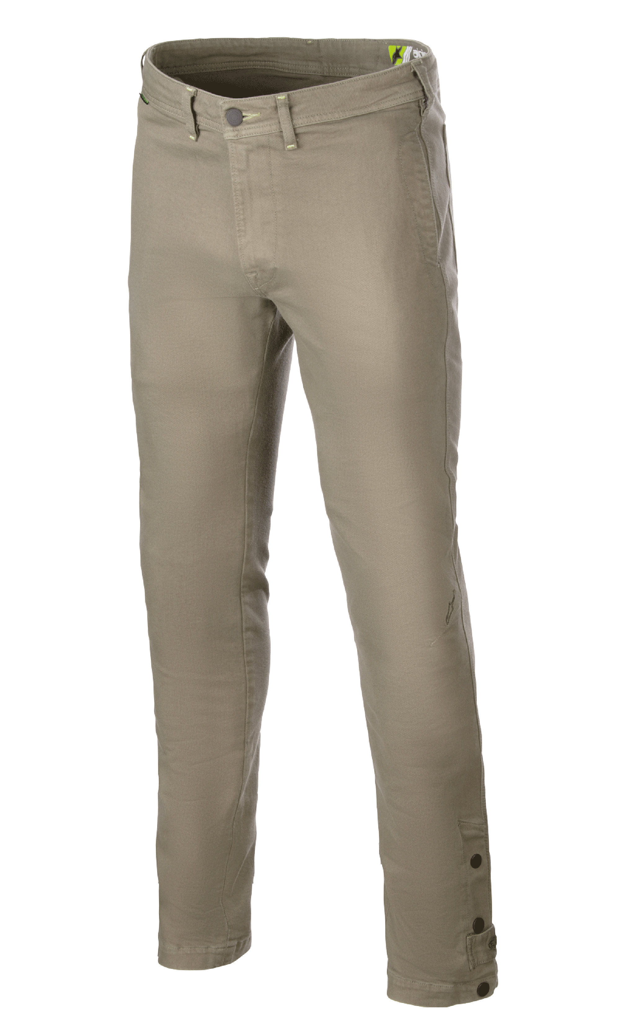 Alpinestars Stratos Regular Fit Tech Riding Pants, pantaloni tecnici da moto verde militare, caratterizzati da un design affusolato, chiusura con bottone e zip, passanti per cintura e bottoni regolabili alla caviglia
