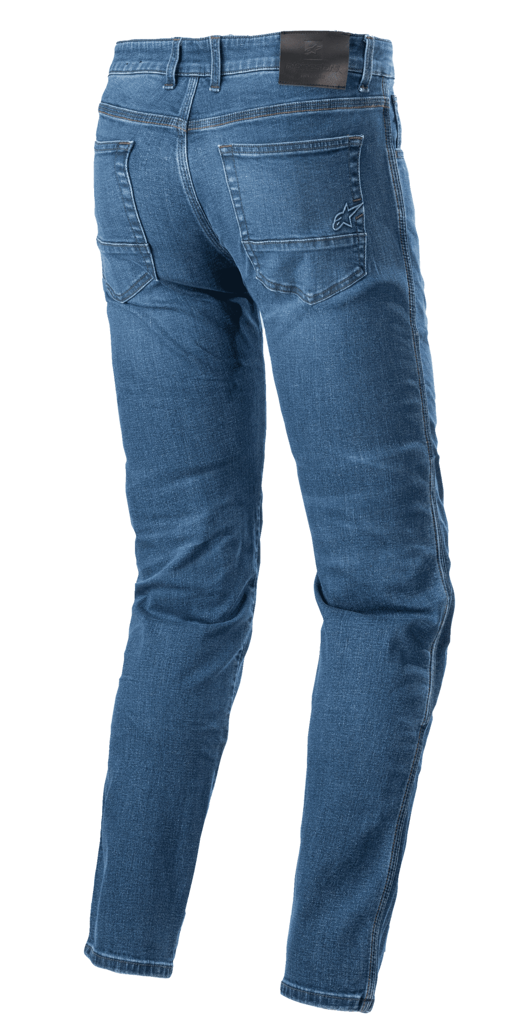 Pantaloni in denim Alpinestars Radon Regular Fit, jeans da moto, Rinse Blue, vista posteriore con patch nera in vita e logo a stella ricamato sulla tasca posteriore destra, gambe pre-curvate per l'ergonomia di guida, stile casual a cinque tasche