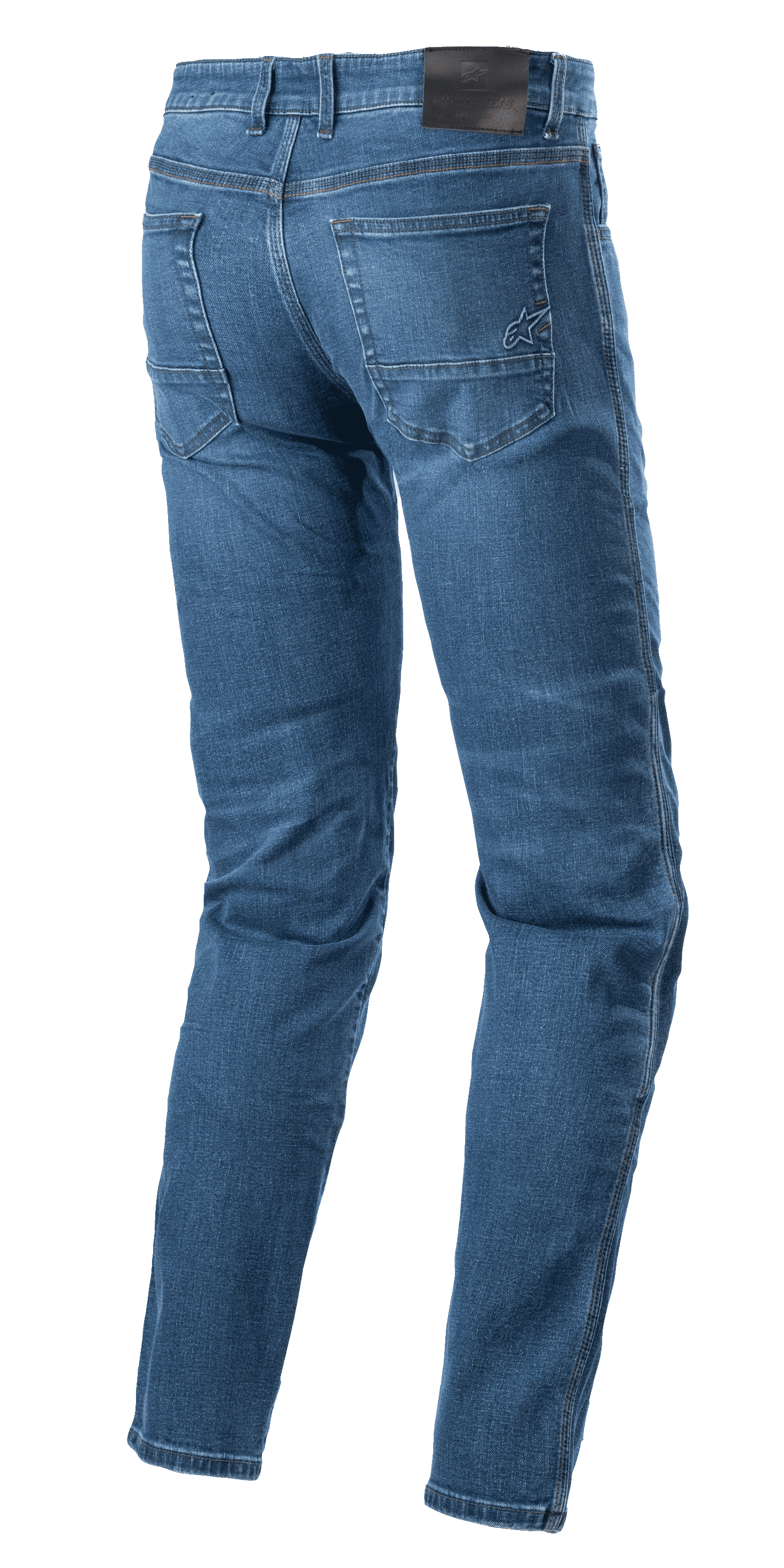 Pantaloni in denim Alpinestars Radon Regular Fit, jeans da moto, Rinse Blue, vista posteriore con patch nera in vita e logo a stella ricamato sulla tasca posteriore destra, gambe pre-curvate per l'ergonomia di guida, stile casual a cinque tasche