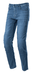Alpinestars Radon Regular Fit Denim Pants, jeans da moto Rinse Blue, taglio a gamba dritta con design a cinque tasche, texture denim sbiadita, chiusura con bottone e zip, costruzione resistente per la guida urbana