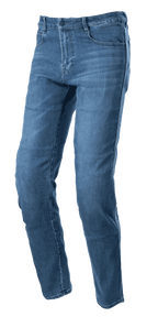 Alpinestars Radon Regular Fit Denim Pants, jeans da moto Rinse Blue, taglio a gamba dritta con design a cinque tasche, texture denim sbiadita, chiusura con bottone e zip, costruzione resistente per la guida urbana
