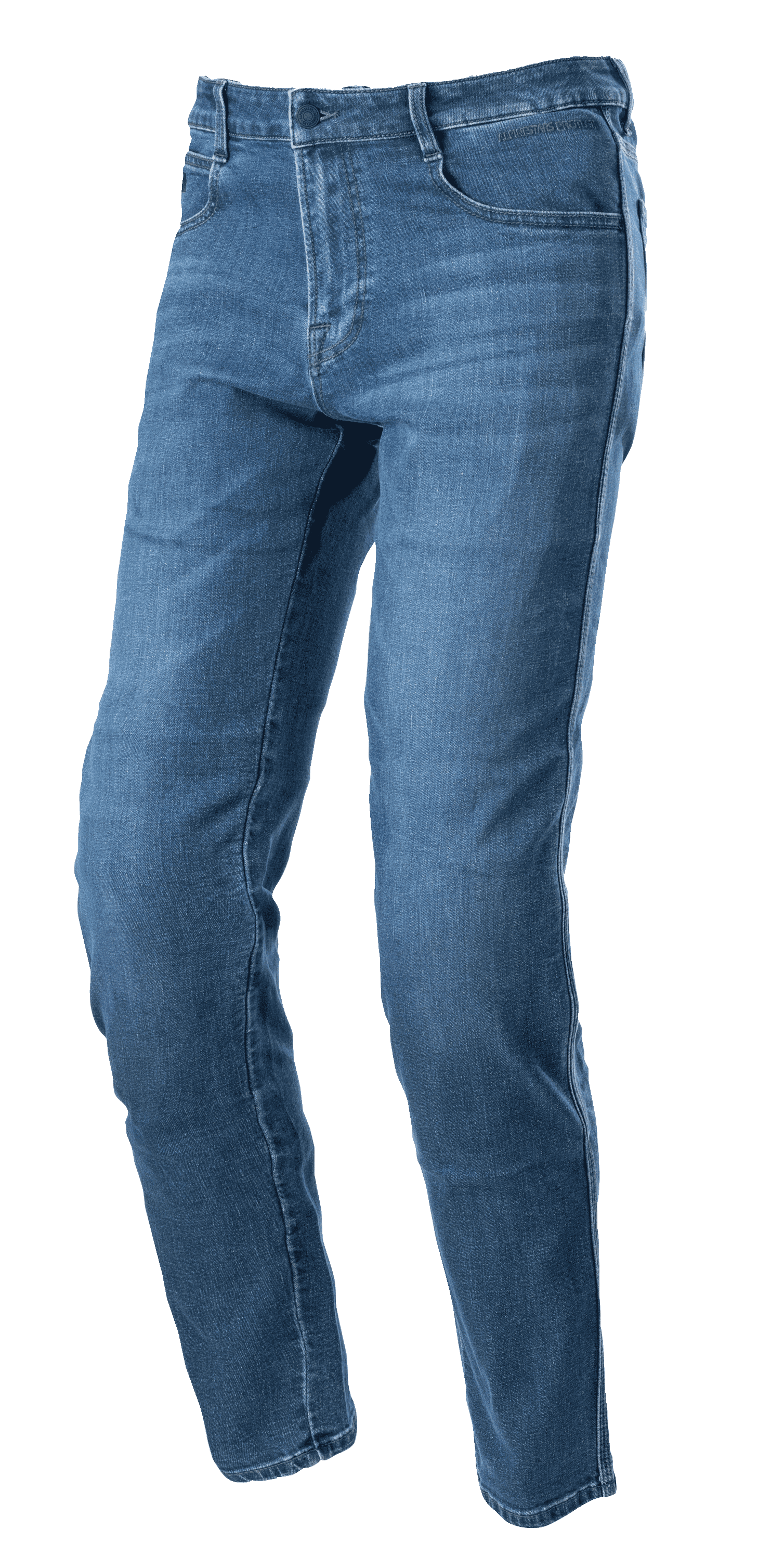 Alpinestars Radon Regular Fit Denim Pants, jeans da moto Rinse Blue, taglio a gamba dritta con design a cinque tasche, texture denim sbiadita, chiusura con bottone e zip, costruzione resistente per la guida urbana