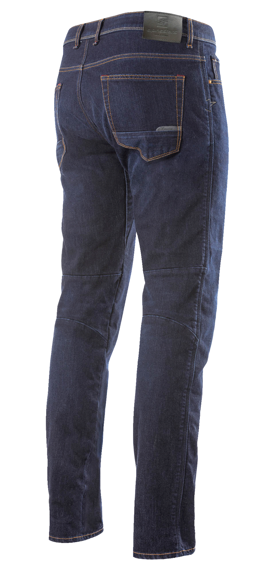 Alpinestars Radium Denim Pants, jeans da moto, blu scuro, vista posteriore a figura intera, classico design a cinque tasche con toppa logo effetto pelle sulla cintura, taglio tecnico posteriore della gamba per un comfort di guida ergonomico.