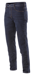 Alpinestars Radium Denim Pants, jeans da moto blu scuro con cuciture arancioni, vestibilità regular, design a cinque tasche, denim Cordura elasticizzato e protezioni ginocchia discrete