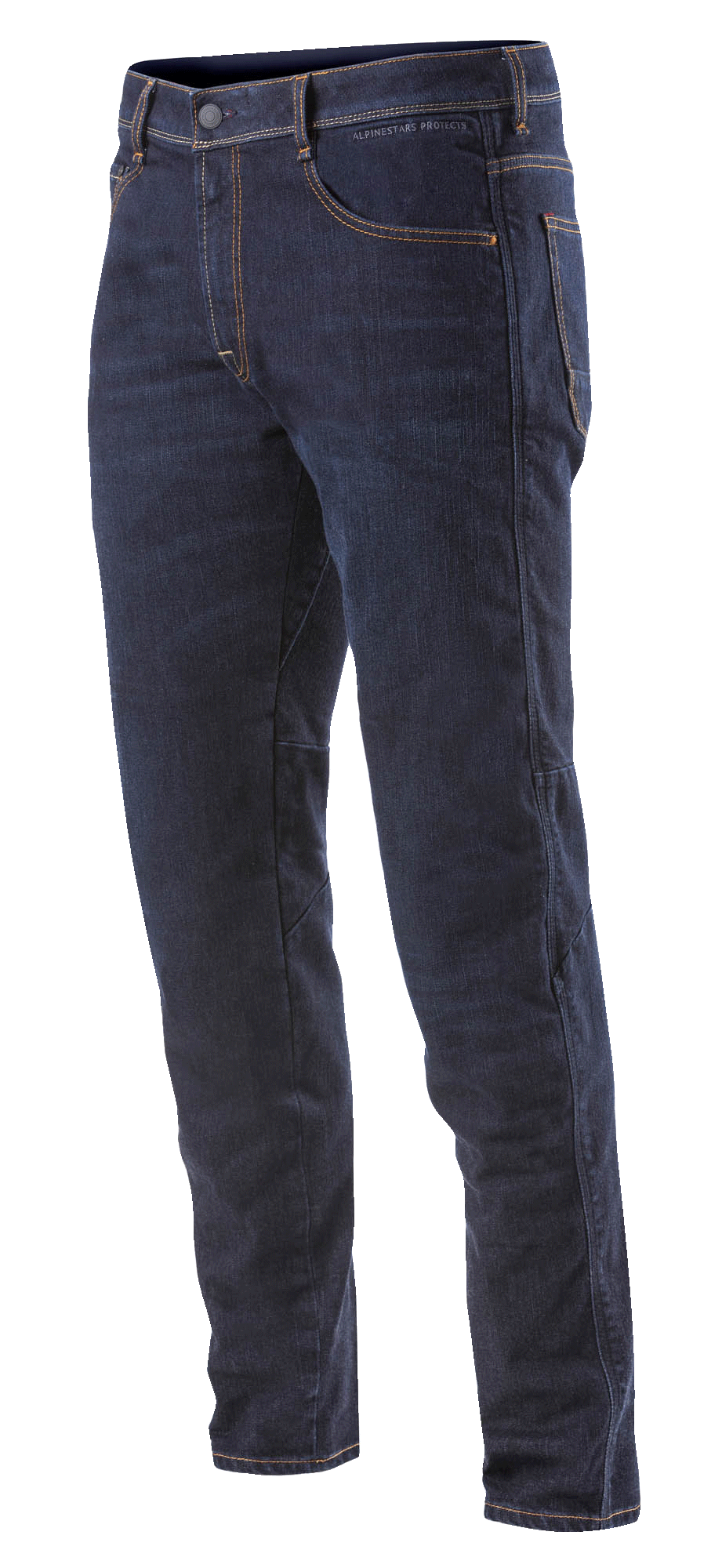 Alpinestars Radium Denim Pants, jeans da moto blu scuro con cuciture arancioni, vestibilità regular, design a cinque tasche, denim Cordura elasticizzato e protezioni ginocchia discrete