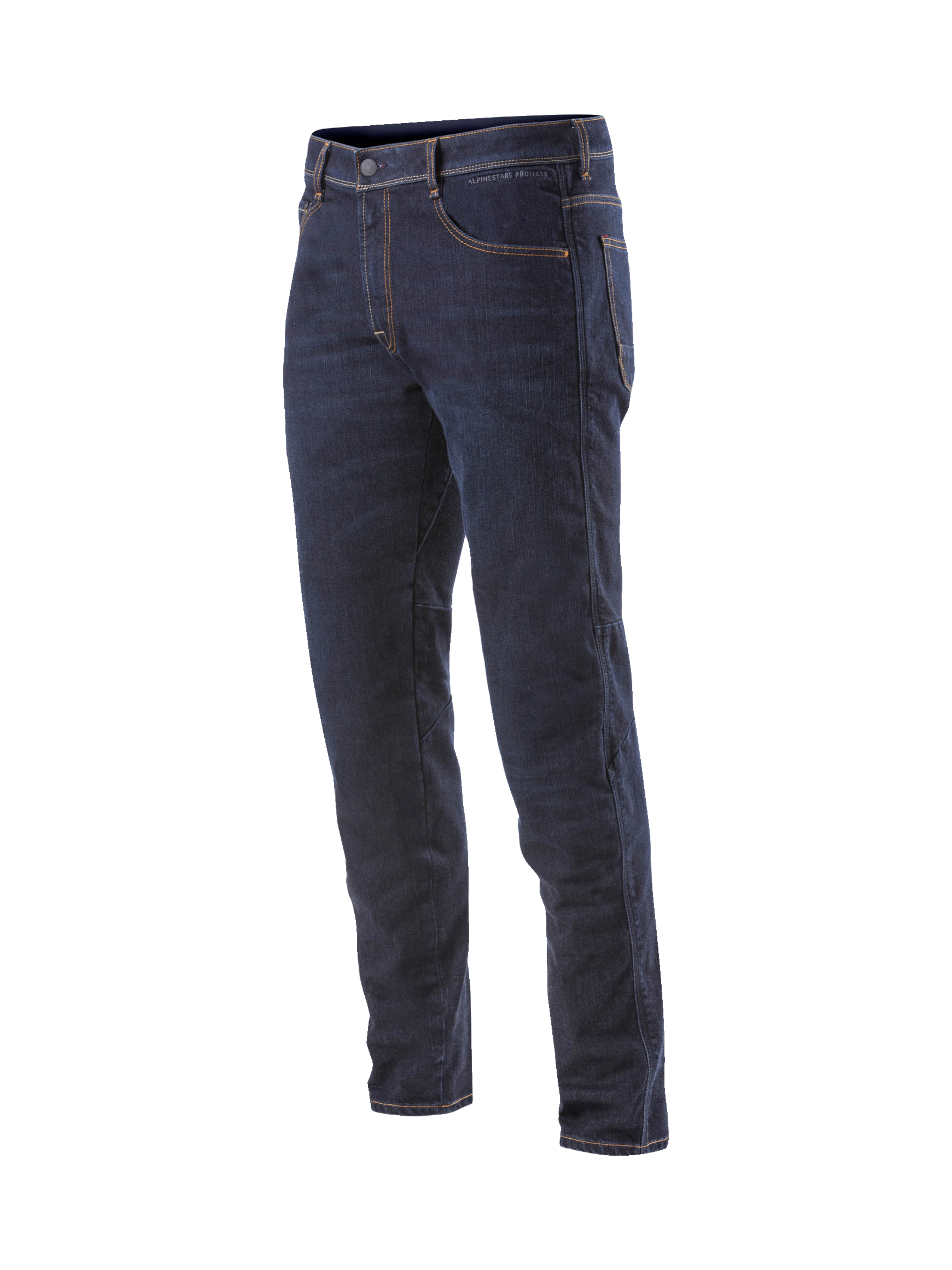 Alpinestars Pantaloni Jeans Radium, jeans da moto da uomo in denim Cordura elasticizzato blu scuro, con protezioni Bio-Flex sottili per guida urbana e sportiva.
